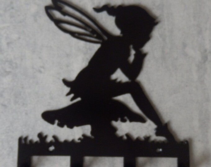 Pixie Girl sat on Toadstool Silhouette Key Hook Rack - elf metal wall art fairy