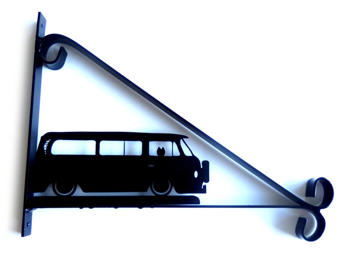 VW Campervan with Dog Silhouette Scroll Style Hanging Basket Bracket Solid Steel