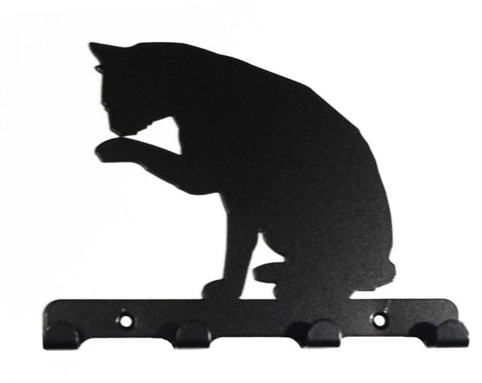 Cat Licking Paw Silhouette Key Hook Rack - metal wall art
