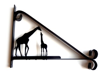 Mother and Baby Giraffe Silhouette Scroll Style Hanging Basket Bracket Solid Steel