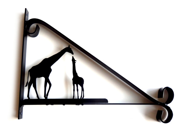 Mother and Baby Giraffe Silhouette Scroll Style Hanging Basket Bracket Solid Steel