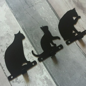 Set of Three Cat Single Hooks - keys, aprons, tea towels - metal wall art, laser cut solid steel