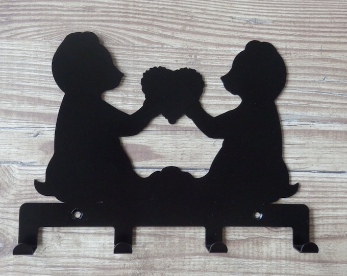 Pair of Teddy Bears Holding a Heart Silhouette Key Hook Rack - cute metal wall art