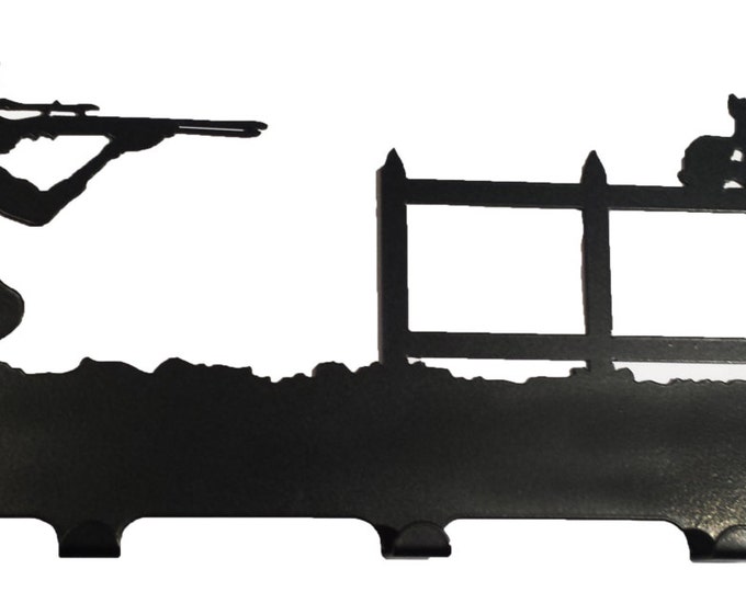 Crouching Gunman Shooting at Rabbit Target Silhouette Key Hook Rack - metal wall art