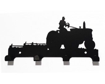 Farmer with Tractor and Plough Silhouette Key Hook Rack - metal wall art