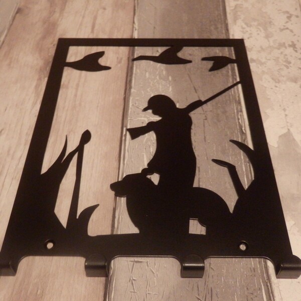 Schütze mit Hund und Vögel Enten Silhouette Schlüssel Haken Rack - Jagd Metallwand Kunst