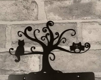 Cat and owl in a tree key holder hook rack