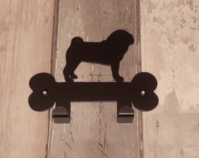 Pug on Bone Silhouette Dog Lead Holder Rack - metal wall art