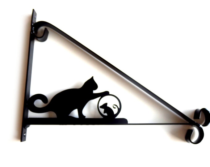 Cat Playing with Mouse Ball Silhouette Scroll Style Hanging Basket Bracket Solid Steel