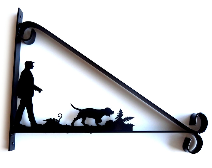 Man Walking His Dog Silhouette Scroll Style Hanging Basket Bracket Solid Steel