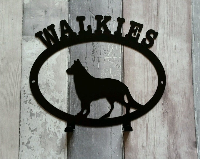 Walkies with German Shepherd (Alsatian) Silhouette Dog Lead Holder Rack - metal wall art