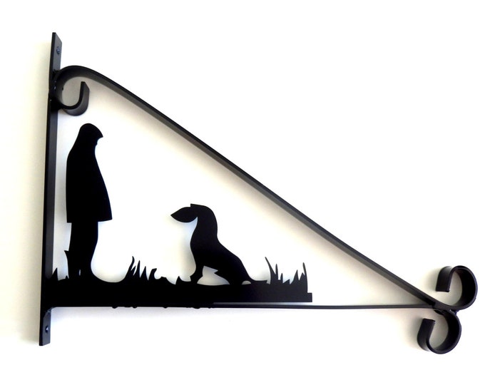Man with His Dog Silhouette Scroll Style Hanging Basket Bracket Solid Steel