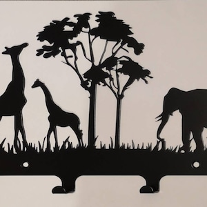 African Scene Key Holder Hooks 25cm wide in a matt black powdercoating finish