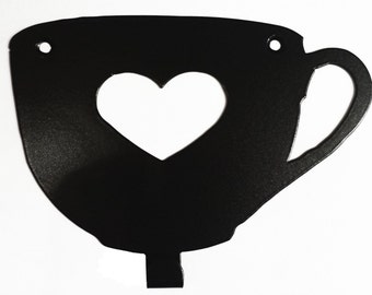 Teacup with Heart Cutout Silhouette Key/Apron/Teatowel Hook - metal wall art