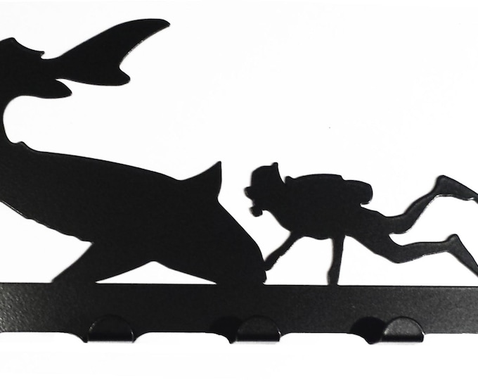 Scuba Diver with Shark Silhouette Key Hook Rack - metal wall art