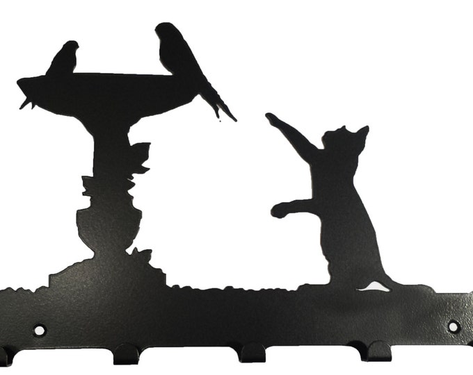 Birds on Bird Bath and Cat Key Hook Rack - metal wall art