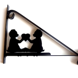 Teddy Bears Holding a Heart Shape Silhouette Scroll Style Hanging Basket Bracket Solid Steel