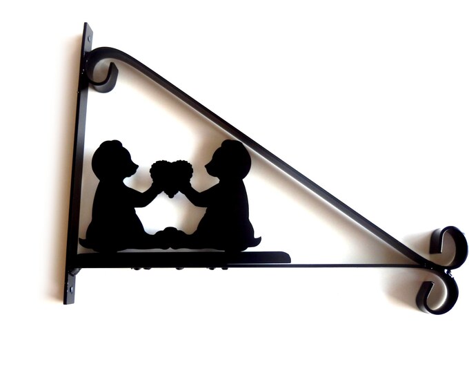 Teddy Bears Holding a Heart Shape Silhouette Scroll Style Hanging Basket Bracket Solid Steel