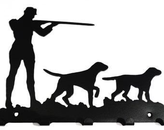 Hunting Scene Gunman and Dogs Silhouette Key Hook Rack - metal wall art