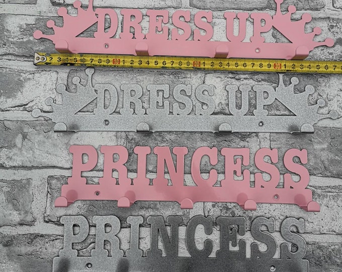 Princess or dress up Wall Mountable Coat Hooks Silver Grey or pink Laser Cut Solid Steel Powdercoated Coats Bags Dressing Gowns Toys
