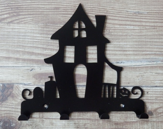 Haunted House with Graveyard and Pumpkin Silhouette Key Hook Rack - metal wall art