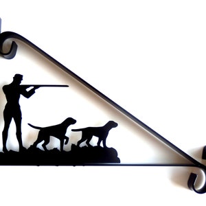 Hunting Scene - Gunman and His Dogs - Silhouette Scroll Style Hanging Basket Bracket Solid Steel