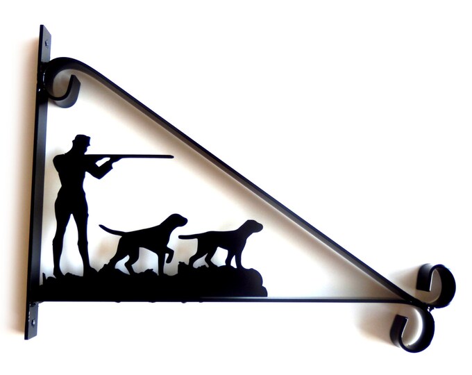 Hunting Scene - Gunman and His Dogs - Silhouette Scroll Style Hanging Basket Bracket Solid Steel