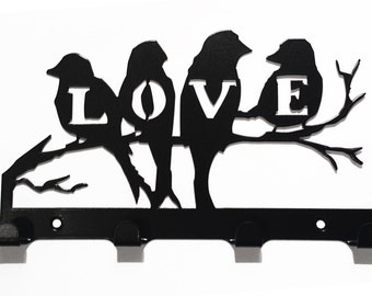 Love Birds Sitzend auf Ast Silhouette Schlüsselhaken - Metall Wandkunst