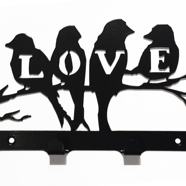 Love Birds Sitting on Branch Silhouette Key Hook Rack - metal wall art