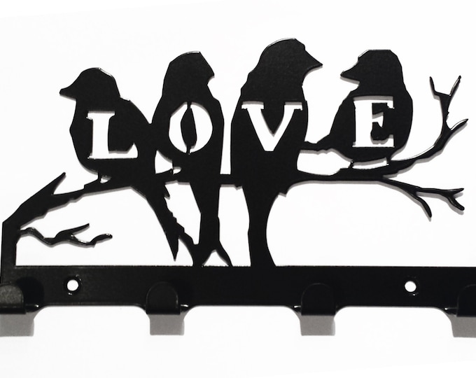 Love Birds Sitting on Branch Silhouette Key Hook Rack - metal wall art