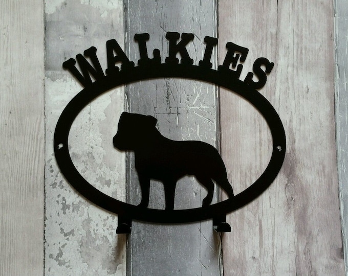 Walkies with Staffordshire Bull Terrier (Staffie) Silhouette Dog Lead Holder Rack - metal wall art