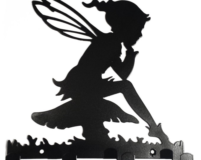 Pixie Girl sat on Toadstool Silhouette Coat/Dog Lead Hook Rack - elf metal wall art fairy