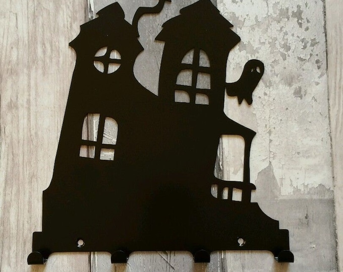Crooked House with Ghost Silhouette Key Hook Rack - metal wall art