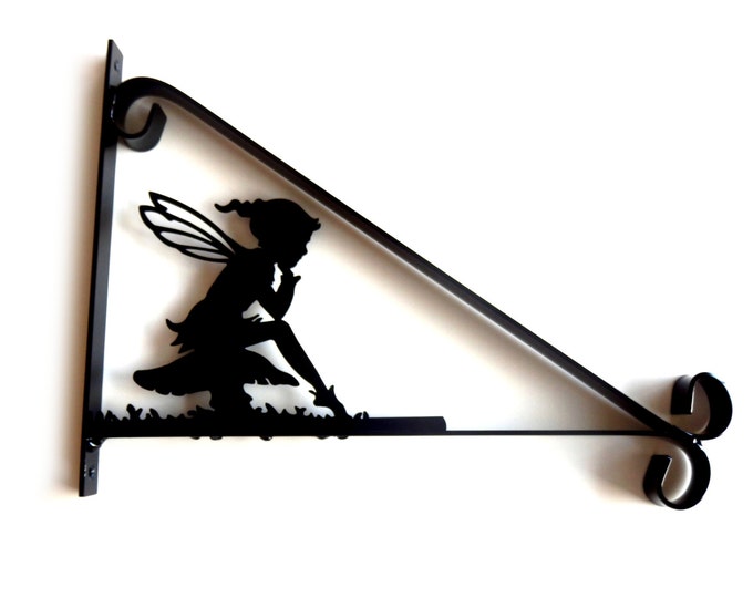 Pixie Elf Girl Sat on Toadstool Silhouette Scroll Style Hanging Basket Bracket Solid Steel
