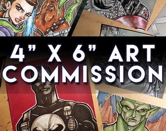 May include: A collection of 4" x 6" art commissions featuring various characters from popular culture. The images include a black and white illustration of the Punisher, a green alien character, and a group of characters from a comic book.
