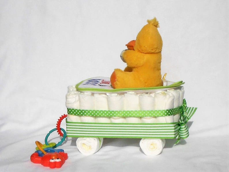 Digital Thermometer and More Green Ribbon Wagon Diaper Cake with Yellow Duck Baby Bib Baby Spoon Sesame Street Teether