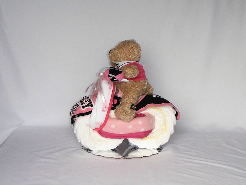 Pink Harley Davidson Theme Motorcycle Diaper Cake With Tan Bear, Harley Davidson Booties, Pink Receiving Blankets and More