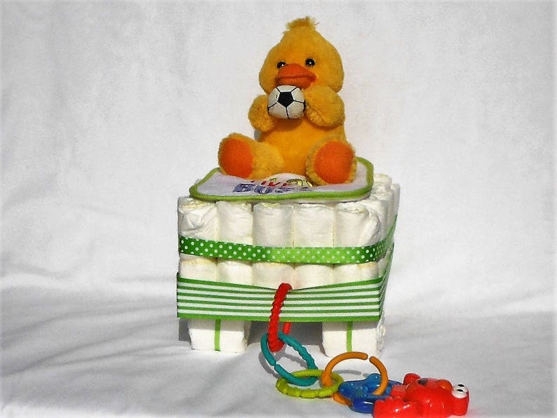 Digital Thermometer and More Green Ribbon Wagon Diaper Cake with Yellow Duck Baby Bib Baby Spoon Sesame Street Teether