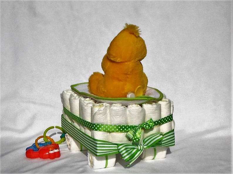 Digital Thermometer and More Green Ribbon Wagon Diaper Cake with Yellow Duck Baby Bib Baby Spoon Sesame Street Teether