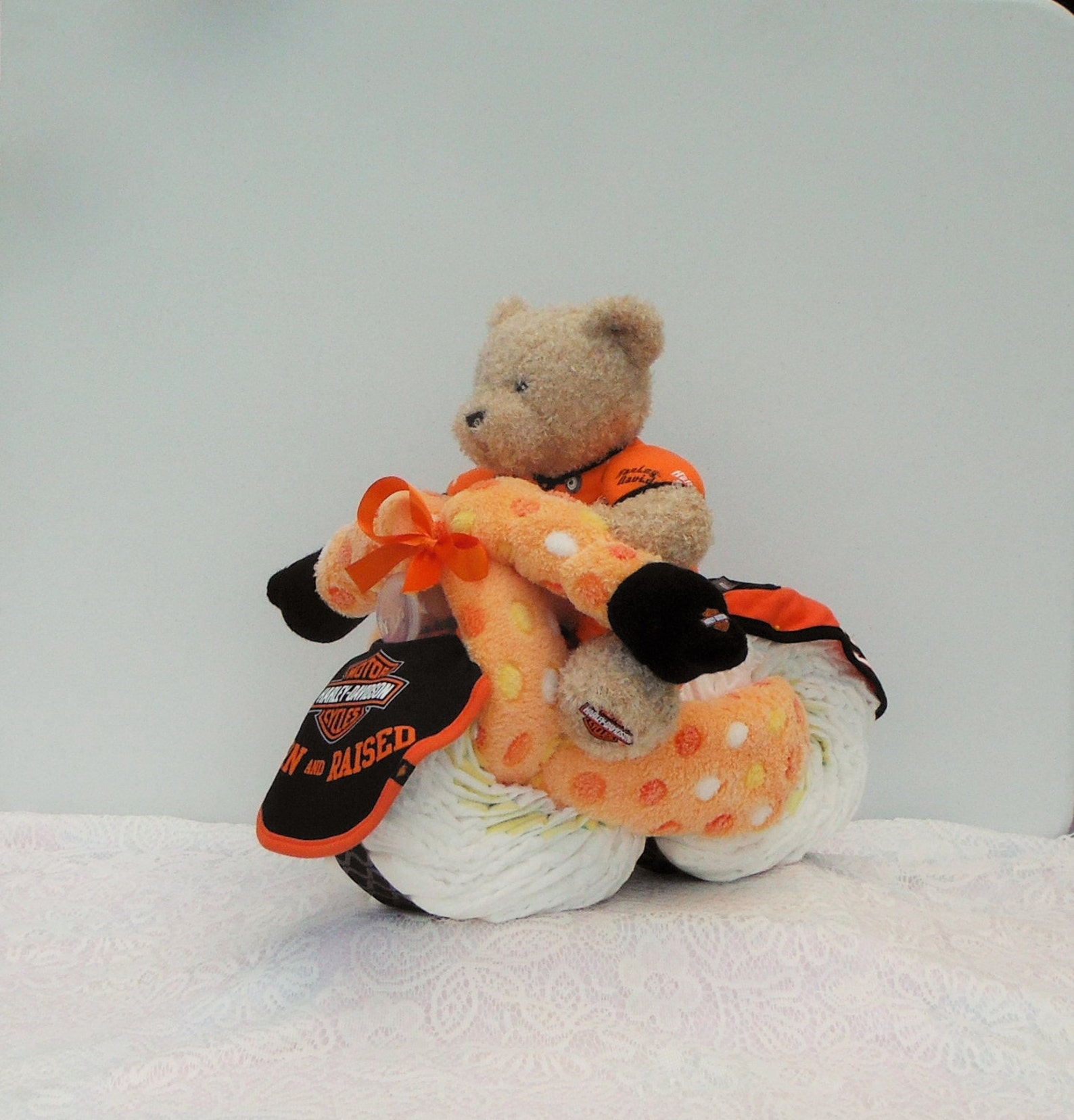 Orange/black Harley Davidson Diaper Cake Motorcycle With Baby Bottle