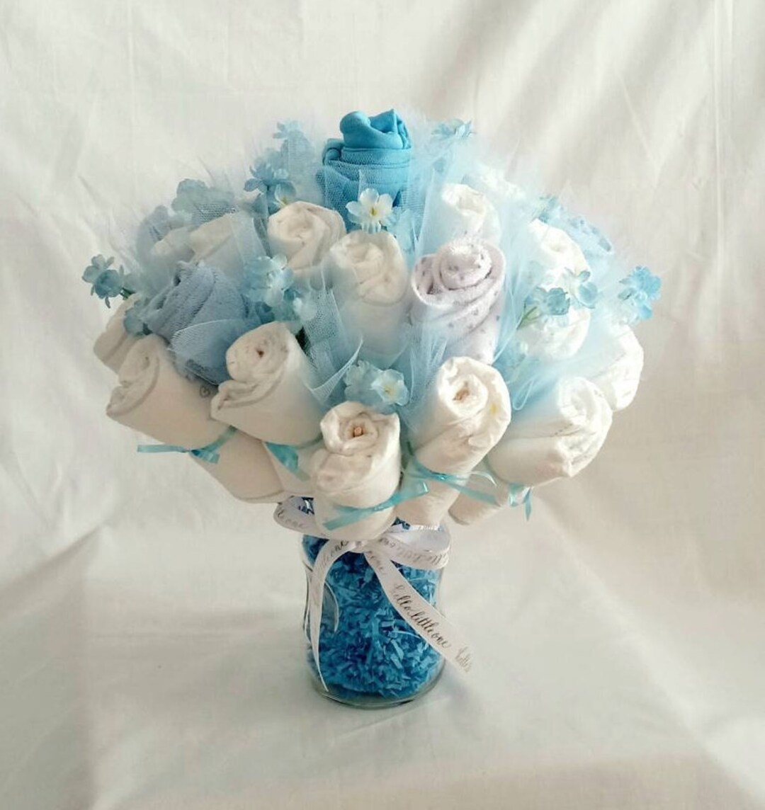 Diaper Cake Bouquet Baby Onesie, Baby Washcloths, Tulle, Glass Vase