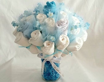 Diaper Cake Bouquet Baby Onesie, Baby Washcloths, Tulle, Glass Vase, Confetti and Ribbon