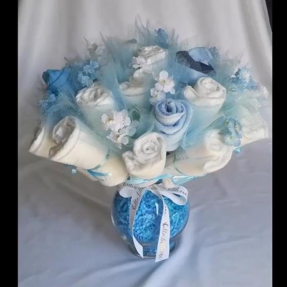 Diaper Cake Bouquet Baby Onesie, Baby Washcloths, Tulle, Glass Vase, Confetti and Ribbon