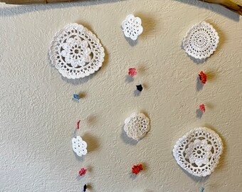 Crocheted Wildflower Driftwood Wall Hanging