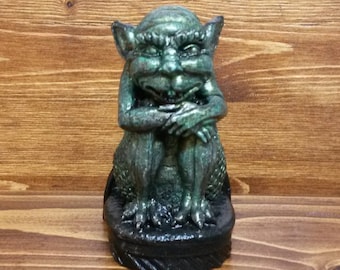 Gargoyle Sitting on a Pedestal, Grotesque Statuette, Electric Green, Figurine