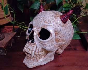 Celtic Design Horned Skull with Glow-in-the-Dark Highlights, Demon Skull