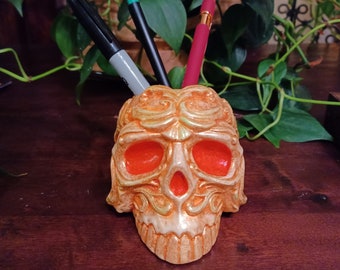 Skull with Scrolls Pen Holder with Glow in the Dark Highlights