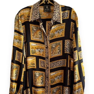 VINTAGE Luxury 80s 90s Safari Leopard Silk Blouse