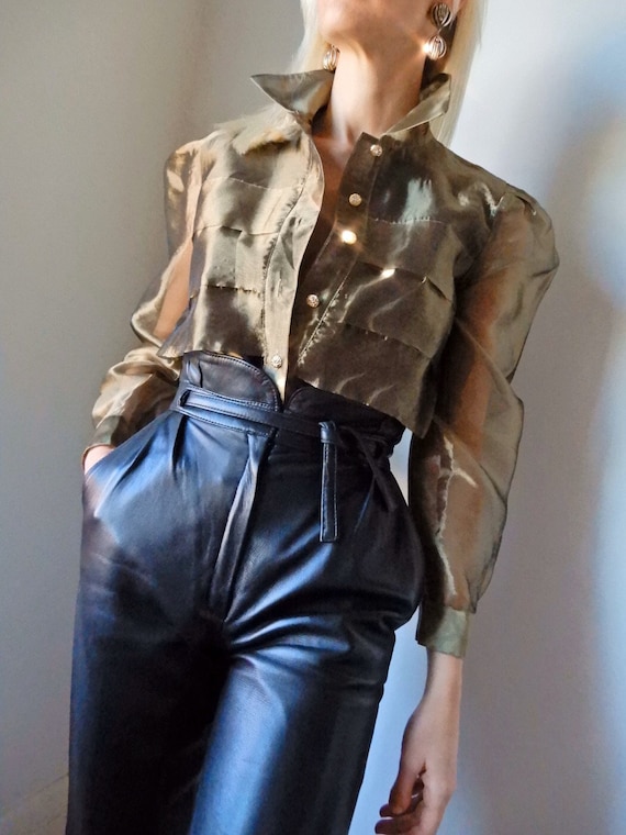 VINTAGE Designer-Luxury 80s Sheer Olive-Gold Metal