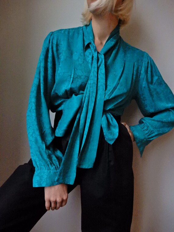VINTAGE YSL-Style 90s Teal-Blue Paisley Silk Blous